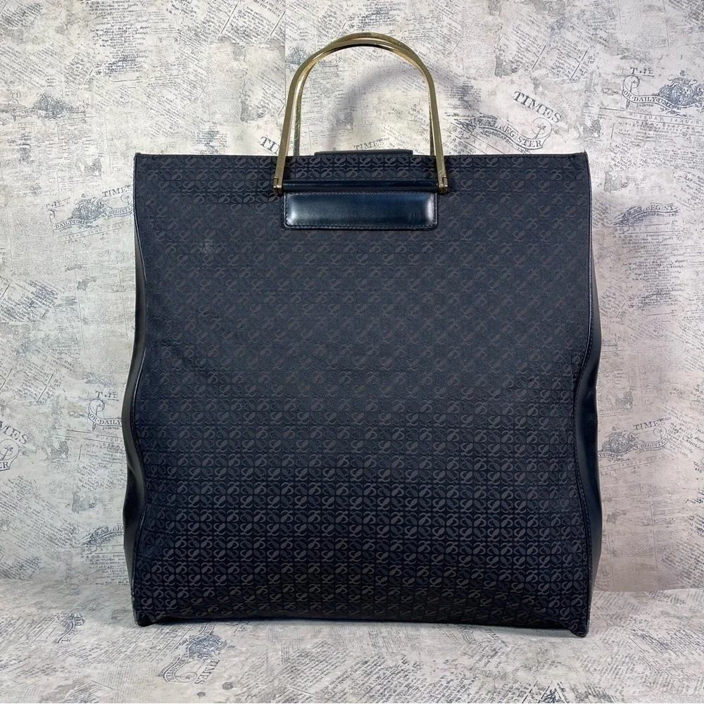 LOEWE Vintage Anagram Monogram Canvas Tote Black Leather Large Spain